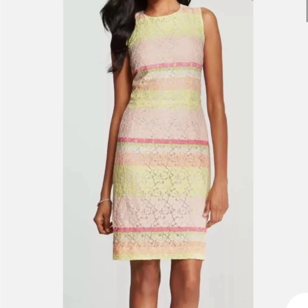 Ann Taylor Size 4p Pink & Yellow Pastel Striped Lace Eyelet Sheath Dress